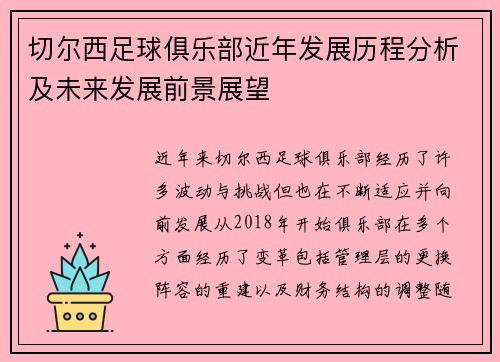 切尔西足球俱乐部近年发展历程分析及未来发展前景展望