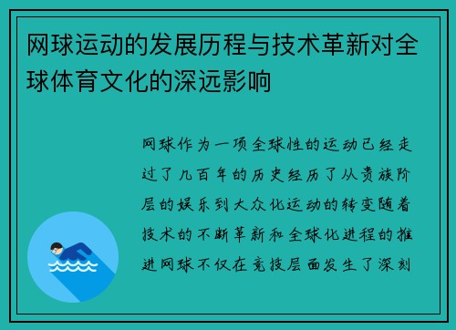 网球运动的发展历程与技术革新对全球体育文化的深远影响